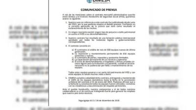 Comunicado de la empresa Dimesa.