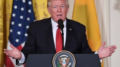 (FILES) This file photo taken on May 18, 2017 shows US President Donald Trump during a joint press conference with Colombia's President Juan Manuel Santos at the White House in Washington, DC.Not for the first time, a Donald Trump tweet has lit up the internet. But this time, users the world over have been left scratching their heads over 'covfefe': a bizarre word apparently created by the president.'Despite the constant negative press covfefe,' read the US leader's short tweet sent early May 31, 2017. Was it an acronym? A secret message? Or just a typo? Wags around the world weighed in with biting sarcasm, and #covfefe quickly became the top trending item on Twitter. / AFP PHOTO / JIM WATSON
