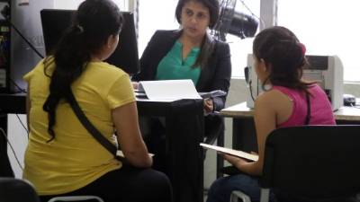 Jissel Paz, oficial de empleo, atiende a dos jóvenes que aplican a una oportunidad de empleo en las oficinas de la Secretaría de Trabajo en el barrio El Centro. Foto: Franklyn Muñoz