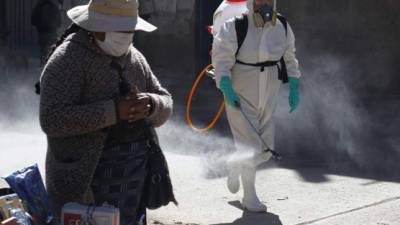Un trabajador municipal fumiga por la calle en la localidad de Puno.
