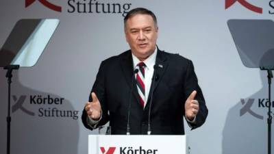 El Secretario de Estado de los Estados Unidos, Mike Pompeo, habla en un evento conmemorativo del 30 aniversario de la caída del Muro de Berlín en la Fundación Koerber en Berlín.