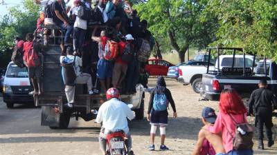 Migrantes centroamericanos viajan sobre camiones hoy, en el municipio de Mapastepec en el estado de Chiapas.