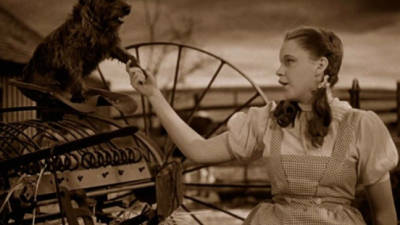 La parte de la película que sucede en Kansas (en la imagen, Dorothy con su perro Totó, 'interpretado' por el perro Terry) estaba rodada en sepia, aunque en televisión fuera mostrado en blanco y negro hasta la restauración de 1990. Ese mundo apagado se transforma en delirante Technicolor cuando la niña aterriza en Oz.