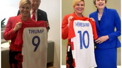 Los tres líderes políticos intercambiaron saludos y se fotografiaron con la camiseta de Croacia, semifinalista este miércoles ante Inglaterra en el Mundial Rusia 2018.
