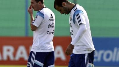 Lionel Messi y Javier Mascherano durante un entrenamiento de la albiceleste.