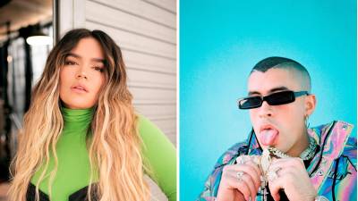 Combo de dos fotografías cedidas por Telemundo donde aparece la cantante colombiana Karol G y el puertorriqueño Bad Bunny quienes se erigieron como los favoritos en la próxima edición de los premios Latin Grammy.