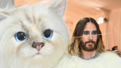 Jared Leto arribó a la Met Gala con un simpático y tierno disfraz de gatito.