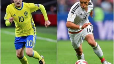 Emil Forsberg de Suecia y Javier 'Chicharito' Hernandez de México, dos de las figuras en el juego de hoy.