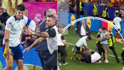 Álvaro Morata sufrió un duro golpe por parte de un guardia de seguridad que se resbaló y lo derribó.