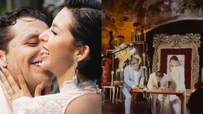 Christian Nodal y Ángela Aguilar en su ceremonia de bodas.