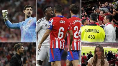 Las imágenes del caliente derbi entre Atlético y Real Madrid que acabó con empate 1-1 en el Cívitas Metropolitano, partido que fue detenido por lanzamientos de objetos a Courtois y jugadores colchoneros negociando con aficionados encapuchados.