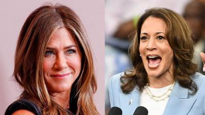 La actriz Jennifer Aniston y la candidata presidencial Kamala Harris.