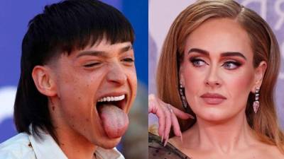 El cantante mexicano Peso Pluma y la cantante británica Adele.