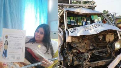 Suyapa Alemán Castillo muestra el título que recibió y que la acredita como licenciada en Administración de Empresas. A la derecha se puede ver cómo quedó el rapidito en el viajaba Suyapa, ella iba adelante el día del accidente.