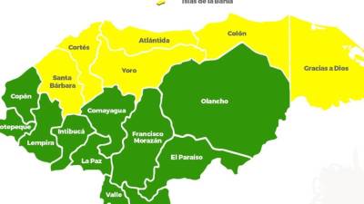 Mapa geográfico de Honduras con las alertas emitidas por la Secretaria de Estado en los Despachos de Gestión de Riesgos y Contingencias Nacionales.