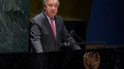 El secretario general de la ONU, Antonio Guterres, habla en la 58ª reunión plenaria de la Asamblea General en Nueva York el 23 de febrero de 2022 sobre el conflicto entre Rusia y Ucrania.