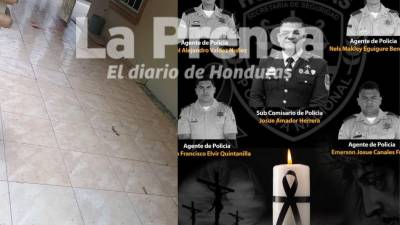 A la derecha, los rostros de los cinco policías que fueron asesinados en Corinto y a la izquierda, así fue como encontraron la casa en donde se perpetró la masacre.
