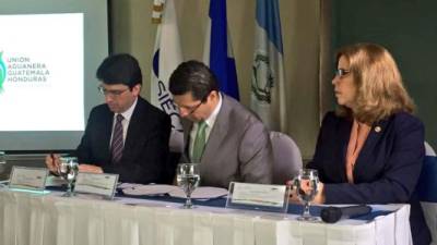 Los representantes de Honduras y Guatemala durante la ceremonia de la firma del documento que crea la instancia ministerial. Foto: Cortesía