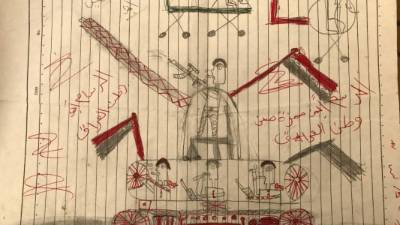 Fotografía de un dibujo que realizó uno de los niños que acuden al centro que ha erigido la ONG Norwegian Refugee Council (NRC) en el campamento de Hasan Shami (Irak), donde se lleva a cabo un programa educativo de NRC para niños con algún tipo de trauma. EFE