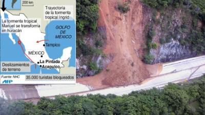 El huracán Manuel se mantiene semiestacionado este jueves frente a la costa Pacífico del noroeste de México, donde motivó algunas evacuaciones preventivas. AFP