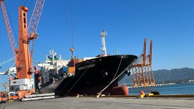 Una grúa descarga los contenedores de un buque en Puerto Cortés.