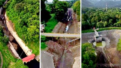 El canal de Peña Blanca que drena la única salida del lago de Yojoa, al norte y a inmediaciones de la comunidad de Los Naranjos, permanece seco ya que la compuerta se cerró para permitir los trabajos de repotenciación en las represas Cañaveral y Río Lindo.