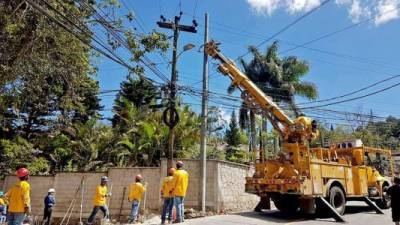 Empleados de EEH trabajan en mantenimiento de líneas en la zona norte de Honduras.