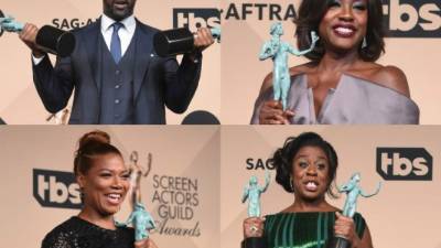 El británico Idris Elba vivió de su lado una noche soñada al ser doblemente recompensado. En las otras imágenes Viola Davis, Uzo Adub y Quen Latifah.