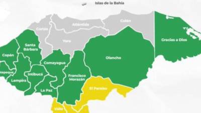 Representación gráfica de la alerta amarilla y verde de los departamentos de Honduras.