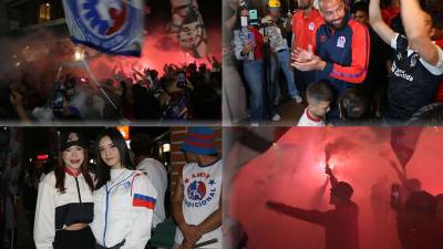 Los aficionados del Olimpia demostraron todo su apoyo los futbolistas en un espectacular banderazo en las afueras del hotel de concentración del equipo antes de la Gran Final contra el Marathón.