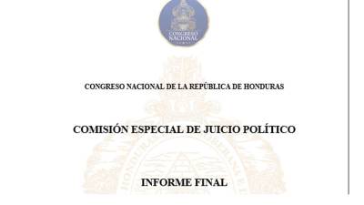 Portada del informe final de la Comisión Especial de Juicio Político contra Marlon Ochoa y Mario Morazán, entregado al Congreso Nacional con recomendaciones de destitución.