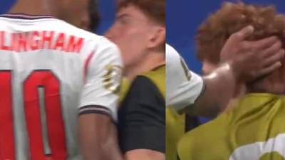 Bellingham le propinó un manotazo a Valentín Barco tras el final del partido.