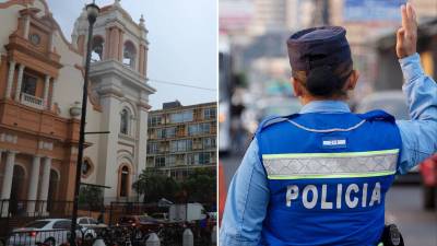 Imagen compuesta por la Catedral de San Pedro Sula y una agente de la Policía en operativo.
