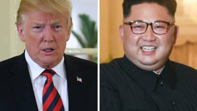 (COMBO) This combination of pictures shows a file photo taken on June 11, 2018 of US President Donald Trump (L) during his meeting with Singapore's Prime Minister Lee Hsien Loong (not pictured) at The Istana, the official residence of the prime minister, in Singapore; and a file image of North Korea's leader Kim Jong Un (R) during his meeting with the Singaporean leader the day before on June 10, 2018, in Singapore.Kim Jong Un and Donald Trump will meet on June 12 for an unprecedented summit in an attempt to address the last festering legacy of the Cold War, with the US president calling it a 'one time shot' at peace. / AFP PHOTO / SAUL LOEB AND ROSLAN RAHMAN