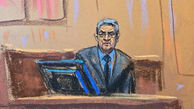 Una ilustración de Juan Orlando Hernández en su juicio en Nueva York.