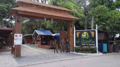 Elementos de la Policía Militar participan en el aseguramiento en el complejo turístico conocido como El Bosque en Roatán.