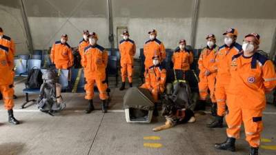 Un binomio canino también aporta Colombia para las tareas de búsqueda y rescate en la costa norte. Ayer, funcionarios tuvieron reuniones para coordinar el trabajo en la zona.
