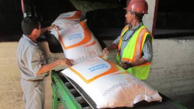 Obreros supervisan los sacos de azúcar de una empresa productora en el sur de Honduras.