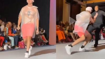 Insólito: influencer se infiltra en desfile con bolsa de basura