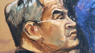 Ilustración del rostro de Juan Orlando Hernández en el primer día del juicio.