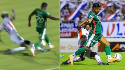 Julián Martínez, del Olimpia, derribó dentro del área a Iván ‘Chino’ López, del Marathón, y el árbitro no pitó penal.