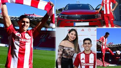 Luis Palma fue presentado este sábado como nuevo jugador del Olympiacos de Grecia. El delantero hondureño ya luce los colores de su nuevo equipo y lo acompaña su bella novia Annie Cordóva, quien cautivó en la presentación.
