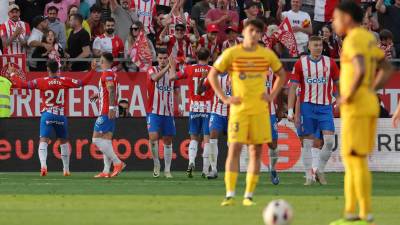 Los jugadores del Girona celebrando el gol de Portu contra el Barcelona.
