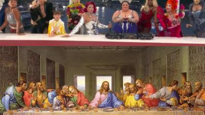 Arriba la parodia que ha causado revuelo en las redes sociales. Abajo la Última Cena de <b>Leonardo da Vinci</b> .