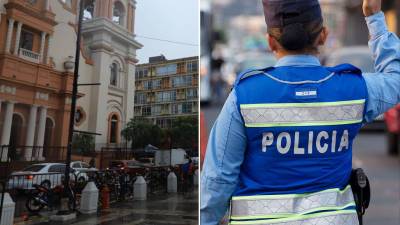 Imagen compuesta por la Catedral de San Pedro Sula y una agente de la Policía en operativo.
