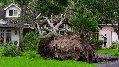Una casa resulta gravemente dañada por un árbol caído después de que fuertes vientos y lluvias azotaran la región el 17 de mayo de 2024 en Houston, Texas.