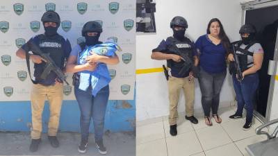 A la izquierda, agentes policiales con el bebé rescatado; en la parte derecha, la sospechosa custodiada por la policía.