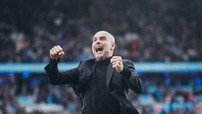 Pep Guardiola celebrando uno de los goles de su Manchester City contra el Real Madrid.