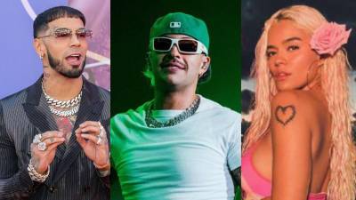 Los cantantes Anuel AA, Feid y Karol G.