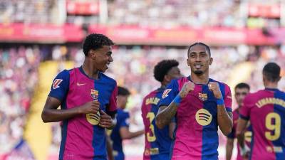 Raphinha celebrando uno de sus goles contra el Valladolid.